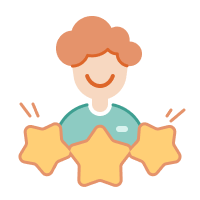 An icon of a smiling person holding three stars, symbolizing skilled and experienced staff.