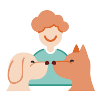 An icon of a person interacting with two dogs, symbolizing supervised play for pets.
