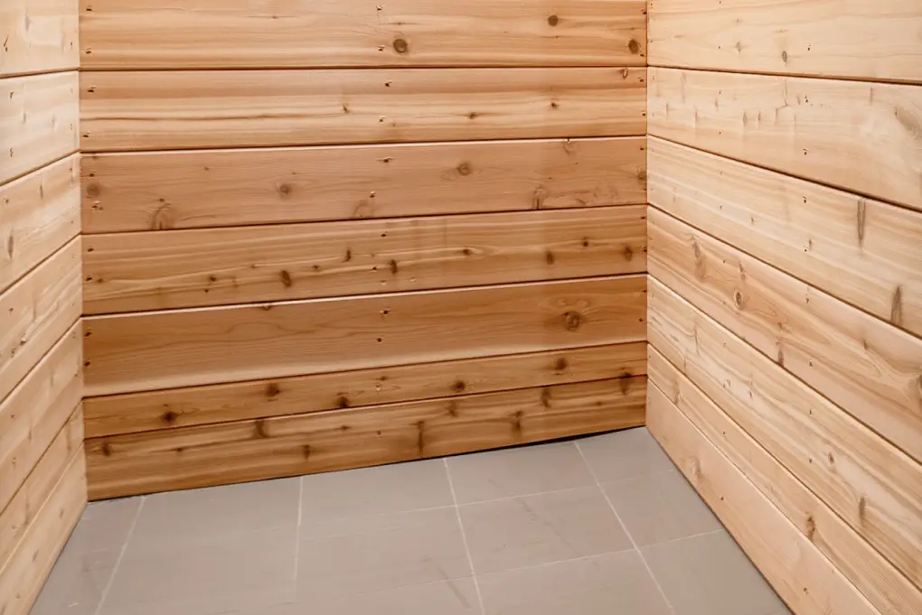 A clean and spacious cedar-lined suite, providing a cozy and natural environment for pets.