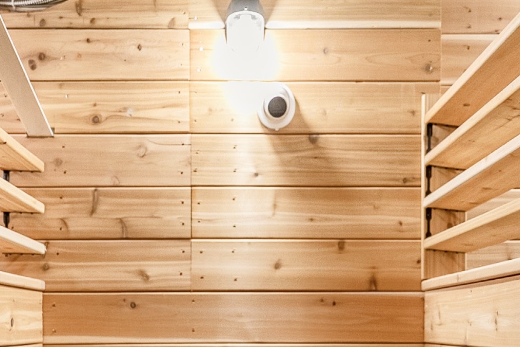 A cedar-lined pet suite with a mounted live camera, ensuring constant monitoring.